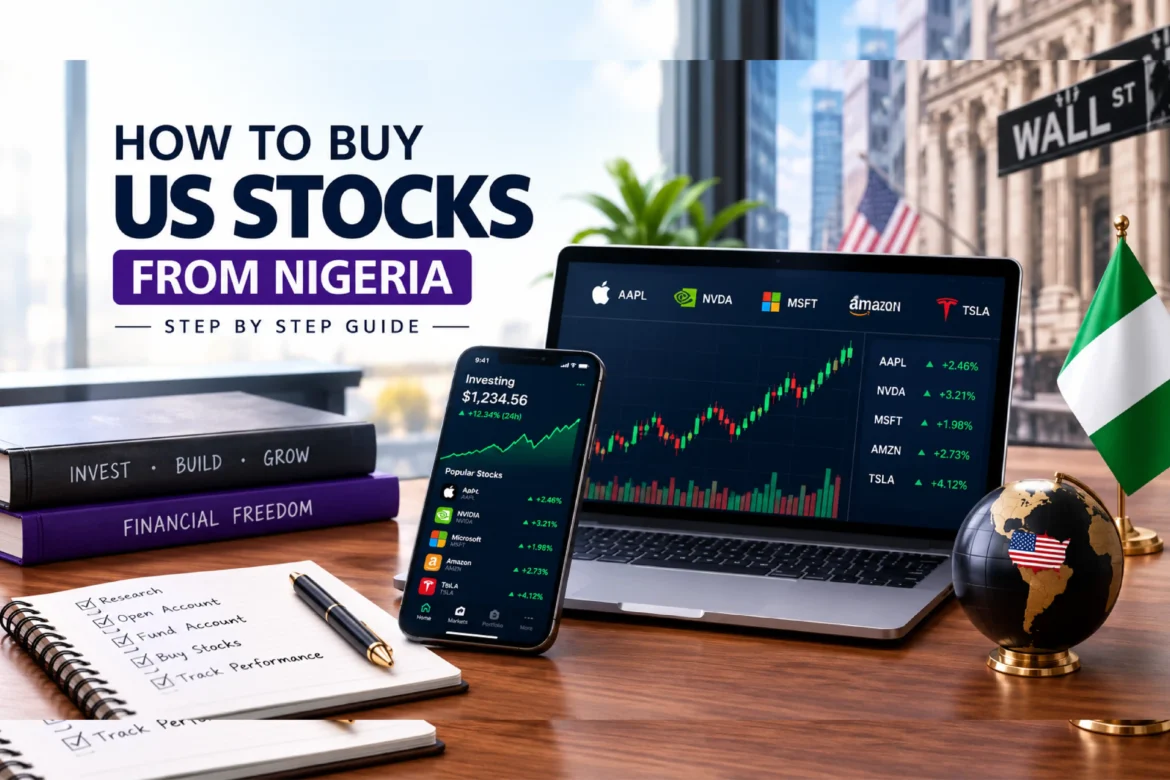 Nigerian investor learning how to invest in US stocks using a laptop and mobile trading app
